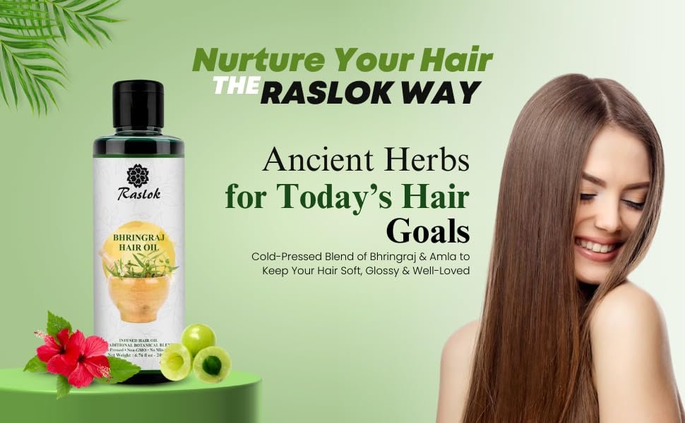 Raslok Bhringraj Hair Oil 6.76 fl oz – Ayurvedic Botanical Blend with Amla, Neem, Hibiscus & Brahmi | Cold-Pressed | Non-GMO | No Mineral Oil | Made in India - görsel 5