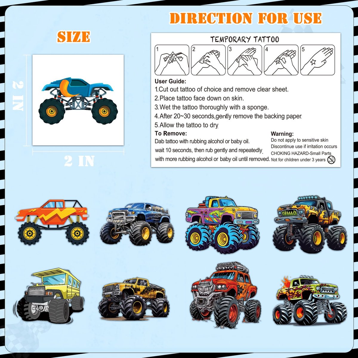 100 Pcs Monster Truck Temporary Tattoos for Kids – 2x2 Inch Individually Wrapped Car Themed Tattoos, Party Favors & Birthday Decorations by Ozepao - görsel 7