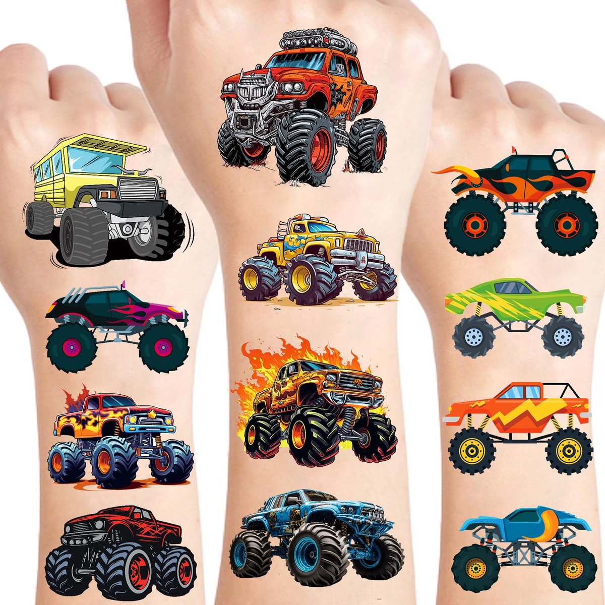 100 Pcs Monster Truck Temporary Tattoos for Kids – 2x2 Inch Individually Wrapped Car Themed Tattoos, Party Favors & Birthday Decorations by Ozepao - görsel 1