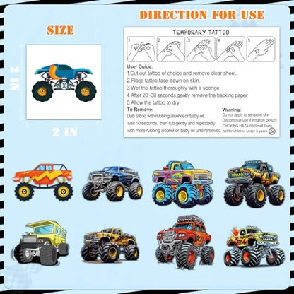 100 Pcs Monster Truck Temporary Tattoos for Kids – 2x2 Inch Individually Wrapped Car Themed Tattoos, Party Favors & Birthday Decorations by Ozepao