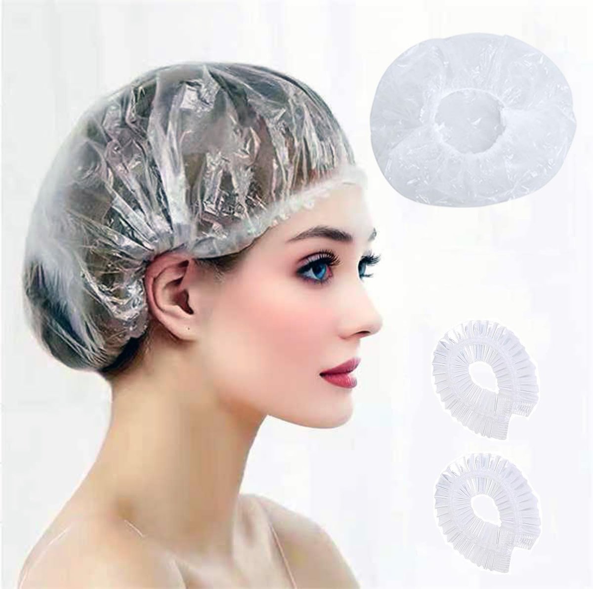 100 PCS Disposable Shower Caps - Thickened Waterproof Hair Bath Caps for Women, Men, Travel, Spa, Hotel, Home, Salon - Multi-Purpose Elastic Plastic Clear Shower Caps, Extra Large (20.5") - görsel 1