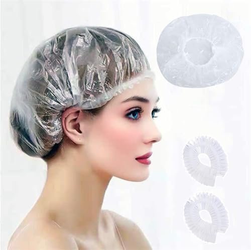 100 PCS Disposable Shower Caps - Thickened Waterproof Hair Bath Caps for Women, Men, Travel, Spa, Hotel, Home, Salon - Multi-Purpose Elastic Plastic Clear Shower Caps, Extra Large (20.5") - görsel 2