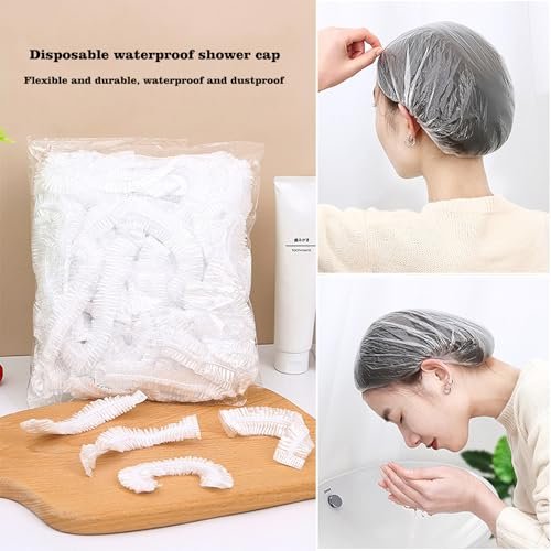 100 PCS Disposable Shower Caps - Thickened Waterproof Hair Bath Caps for Women, Men, Travel, Spa, Hotel, Home, Salon - Multi-Purpose Elastic Plastic Clear Shower Caps, Extra Large (20.5") - görsel 10