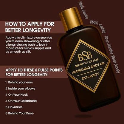 Brown Sugar Babe Rich Aunty Body Oil – Nourishing Lightweight Body Oil with Almond, Avocado, Olive, Grape Seed & Turkish Rose Oils, Paraben Free, 4 Fl Oz Avelisse