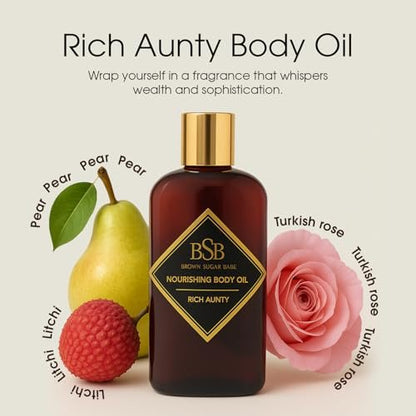 Brown Sugar Babe Rich Aunty Body Oil – Nourishing Lightweight Body Oil with Almond, Avocado, Olive, Grape Seed & Turkish Rose Oils, Paraben Free, 4 Fl Oz Avelisse