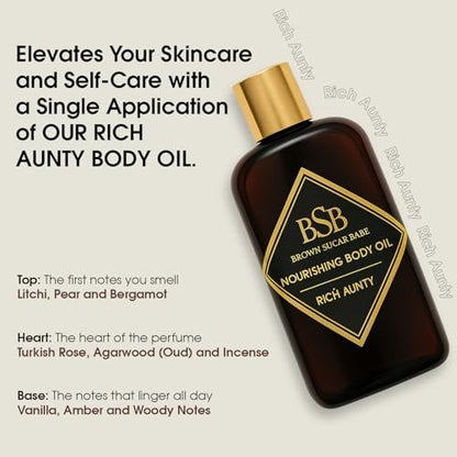 Brown Sugar Babe Rich Aunty Body Oil – Nourishing Lightweight Body Oil with Almond, Avocado, Olive, Grape Seed & Turkish Rose Oils, Paraben Free, 4 Fl Oz Avelisse