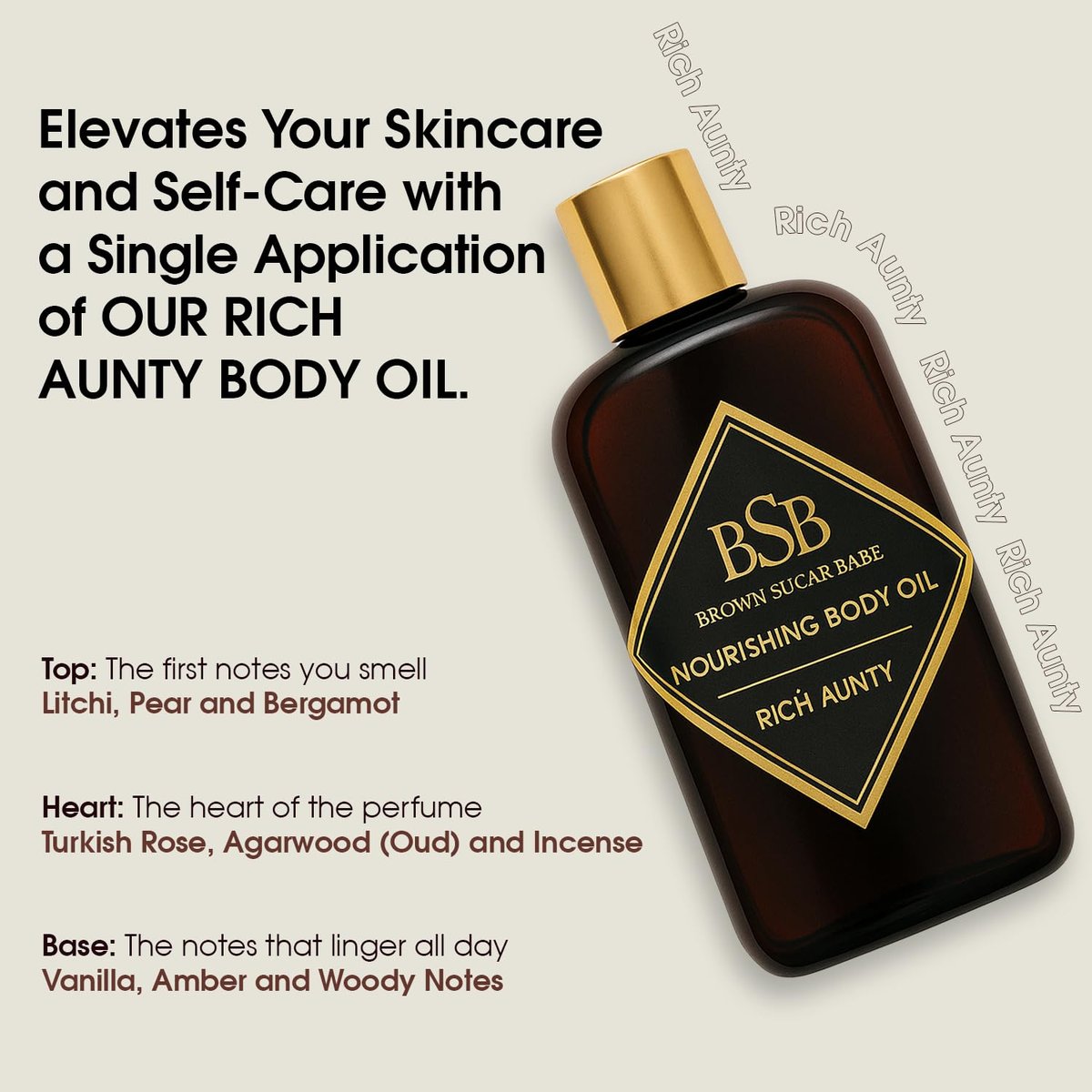 Brown Sugar Babe Rich Aunty Body Oil – Nourishing Lightweight Body Oil with Almond, Avocado, Olive, Grape Seed & Turkish Rose Oils, Paraben Free, 4 Fl Oz Avelisse