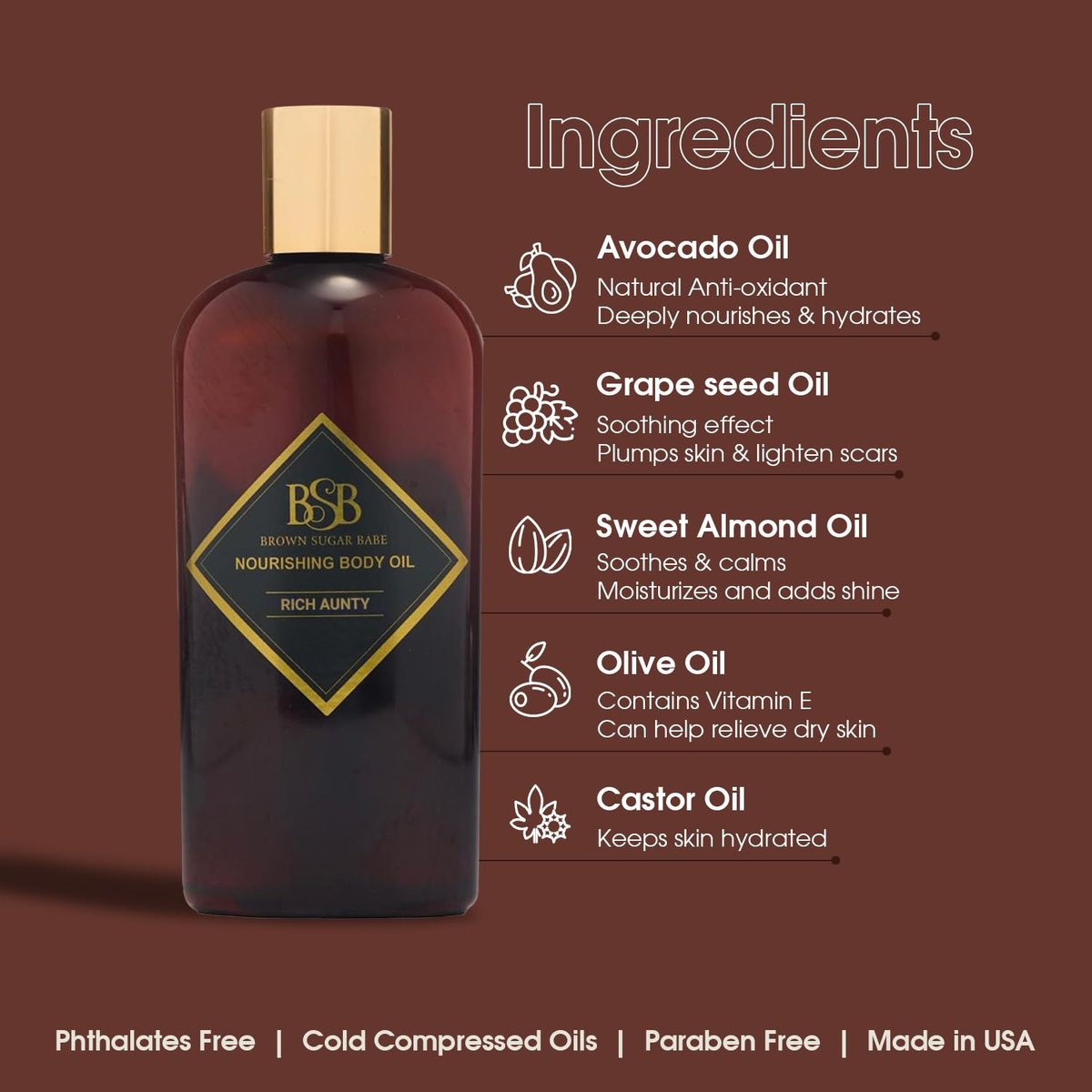 Brown Sugar Babe Rich Aunty Body Oil – Nourishing Lightweight Body Oil with Almond, Avocado, Olive, Grape Seed & Turkish Rose Oils, Paraben Free, 4 Fl Oz Avelisse