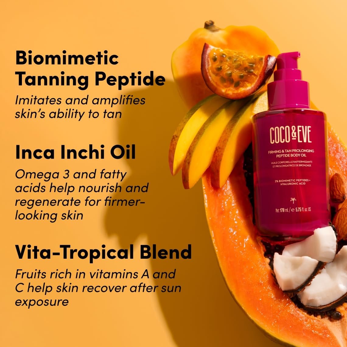 Coco & Eve Firming & Tan Prolonging Peptide Body Oil - Natural Tan Extender with Tropical Oils, Vitamins C & E, 5.75 fl oz Avelisse