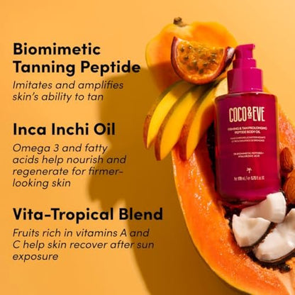 Coco & Eve Firming & Tan Prolonging Peptide Body Oil - Natural Tan Extender with Tropical Oils, Vitamins C & E, 5.75 fl oz Avelisse