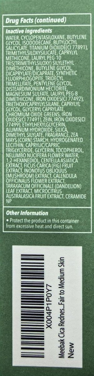 Meebak Cica Redness Solution Sunscreen SPF 50 - Color Corrector Green to Beige CC Cream with Centella and Ceramide for Fair-to-Medium Skin Tones Avelisse