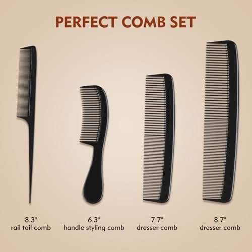 4 Piece Professional Black Comb Set for Men and Women – Fine Tooth, Rat Tail, Beard and Mustache Combs – Parting and Teasing Tools for All Hair Types - görsel 4