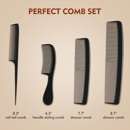 4 Piece Professional Black Comb Set for Men and Women – Fine Tooth, Rat Tail, Beard and Mustache Combs – Parting and Teasing Tools for All Hair Types
