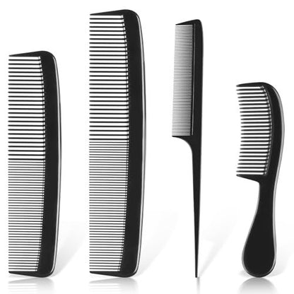 4 Piece Professional Black Comb Set for Men and Women – Fine Tooth, Rat Tail, Beard and Mustache Combs – Parting and Teasing Tools for All Hair Types