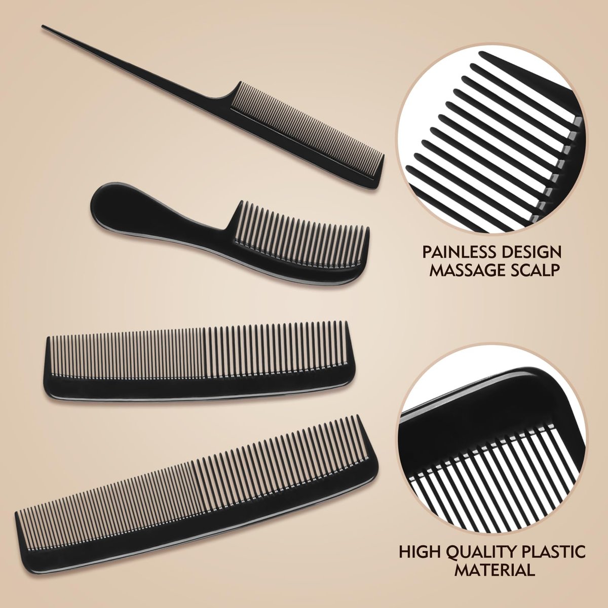 4 Piece Professional Black Comb Set for Men and Women – Fine Tooth, Rat Tail, Beard and Mustache Combs – Parting and Teasing Tools for All Hair Types - görsel 5