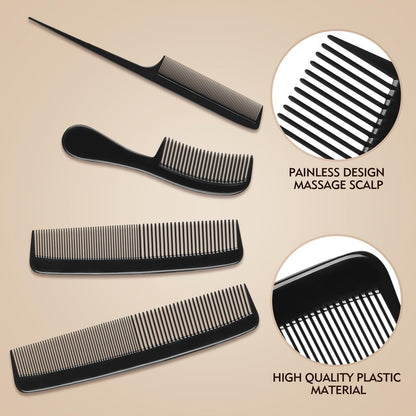 4 Piece Professional Black Comb Set for Men and Women – Fine Tooth, Rat Tail, Beard and Mustache Combs – Parting and Teasing Tools for All Hair Types