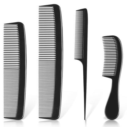 4 Piece Professional Black Comb Set for Men and Women – Fine Tooth, Rat Tail, Beard and Mustache Combs – Parting and Teasing Tools for All Hair Types