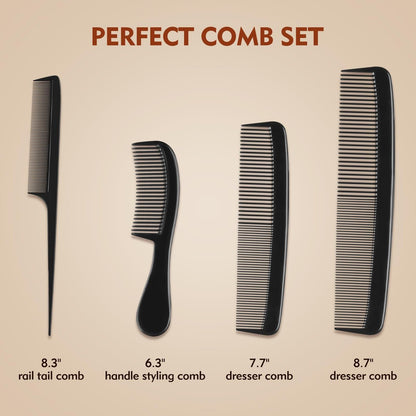 4 Piece Professional Black Comb Set for Men and Women – Fine Tooth, Rat Tail, Beard and Mustache Combs – Parting and Teasing Tools for All Hair Types