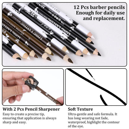 BOHUIZ 12Pcs Barber Pencil Set with 2 Sharpeners - Magic Hairline Pencils for Lineup, Beard Shaping & Beard Guide - White, Black, Dark Brown, Light Brown