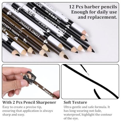 BOHUIZ 12Pcs Barber Pencil Set with 2 Sharpeners - Magic Hairline Pencils for Lineup, Beard Shaping & Beard Guide - White, Black, Dark Brown, Light Brown