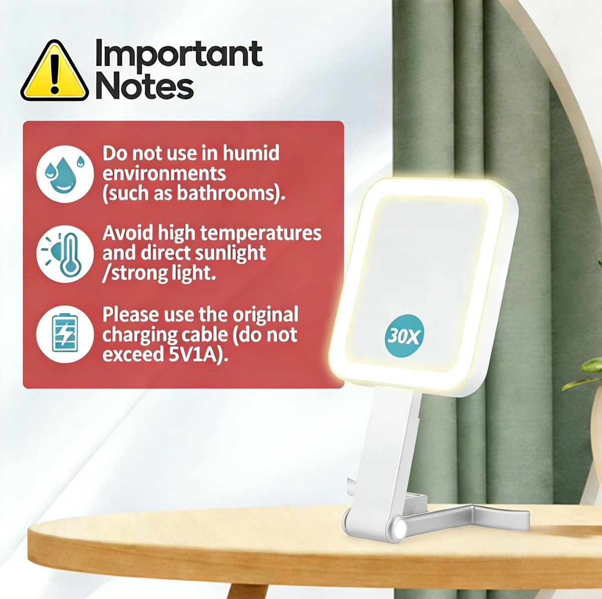 B Beauty Planet Travel Makeup Mirror with Lights, Double-Sided 1X/30X Magnifying Mirror, 3 Color Lighting & Brightness Adjustable, Portable & Foldable Handheld Mirror (White) Avelisse