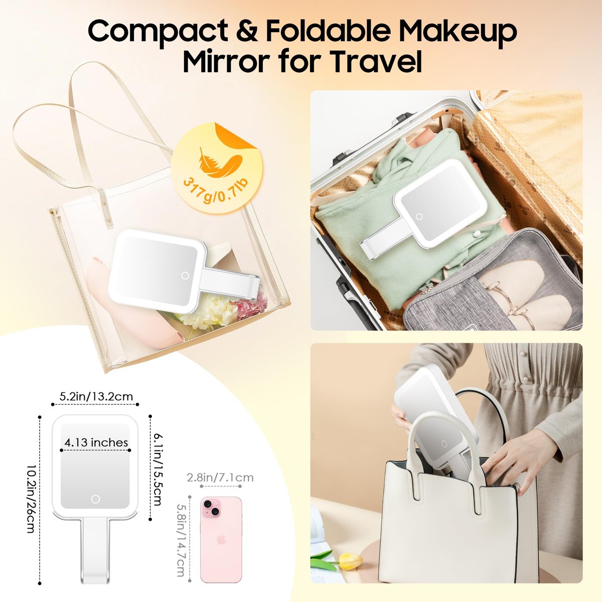 B Beauty Planet Travel Makeup Mirror with Lights, Double-Sided 1X/30X Magnifying Mirror, 3 Color Lighting & Brightness Adjustable, Portable & Foldable Handheld Mirror (White) Avelisse