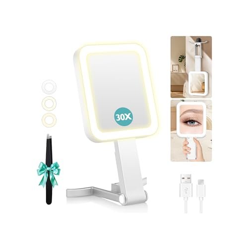 B Beauty Planet Travel Makeup Mirror with Lights, Double-Sided 1X/30X Magnifying Mirror, 3 Color Lighting & Brightness Adjustable, Portable & Foldable Handheld Mirror (White) Avelisse