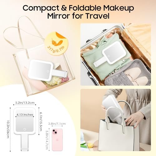 B Beauty Planet Travel Makeup Mirror with Lights, Double-Sided 1X/30X Magnifying Mirror, 3 Color Lighting & Brightness Adjustable, Portable & Foldable Handheld Mirror (White) Avelisse