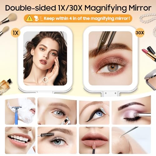B Beauty Planet Travel Makeup Mirror with Lights, Double-Sided 1X/30X Magnifying Mirror, 3 Color Lighting & Brightness Adjustable, Portable & Foldable Handheld Mirror (White) Avelisse