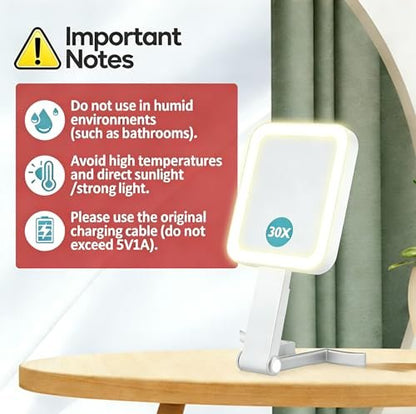 B Beauty Planet Travel Makeup Mirror with Lights, Double-Sided 1X/30X Magnifying Mirror, 3 Color Lighting & Brightness Adjustable, Portable & Foldable Handheld Mirror (White) Avelisse
