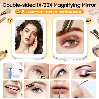 B Beauty Planet Travel Makeup Mirror with Lights, Double-Sided 1X/30X Magnifying Mirror, 3 Color Lighting & Brightness Adjustable, Portable & Foldable Handheld Mirror (White) Avelisse
