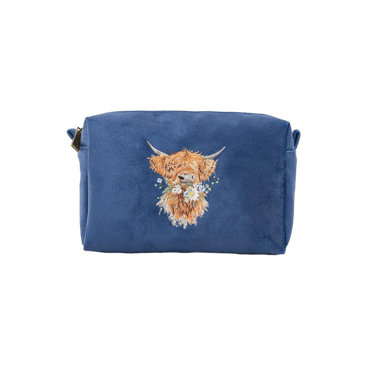 Wrendale Designs 'Daisy Coo' Highland Cow Embroidered Make Up Bag - Navy Avelisse