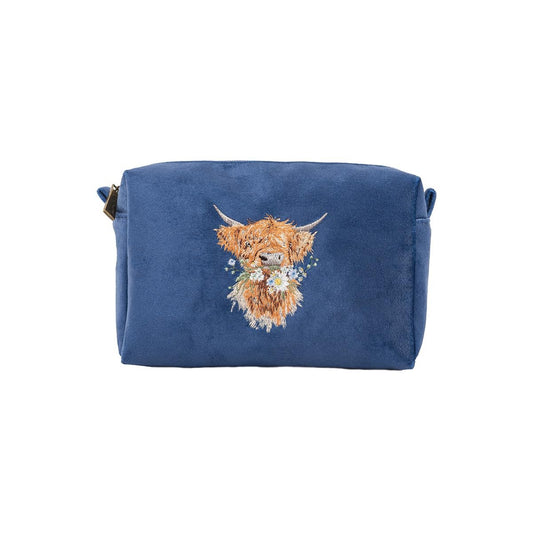 Wrendale Designs 'Daisy Coo' Highland Cow Embroidered Make Up Bag - Navy Avelisse