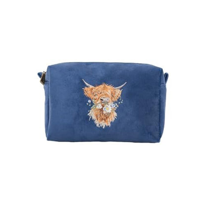Wrendale Designs 'Daisy Coo' Highland Cow Embroidered Make Up Bag - Navy Avelisse
