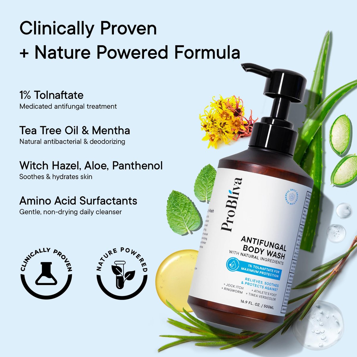 ProBliva Antifungal Body Wash Treatment Soap – Antibacterial Wash for Jock Itch, Ringworm, Back Acne, Tinea & Foot Odor – Medicated Skin Relief Cleanser Gel with Tea Tree Oil & Tolnaftate for Men and Women (16.9 Fl Oz) Avelisse