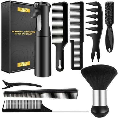 DUAIU 9-Piece Professional Hair Comb Set for Men & Boys - Barber Comb Kit with Spray Bottle, Neck Duster, and Clipper Comb Tools Avelisse