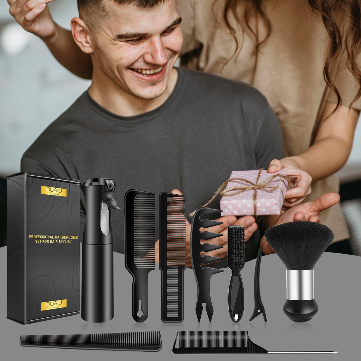 DUAIU 9-Piece Professional Hair Comb Set for Men & Boys - Barber Comb Kit with Spray Bottle, Neck Duster, and Clipper Comb Tools Avelisse