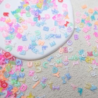 ROFIBUT Letter Nail Art Charms - Random Candy Color Letter Resin Nail Rhinestones, Kawaii Summer Flatback Alphabet Nail Gems with Glitter Design, DIY Craft Nail Supplies 250Pcs