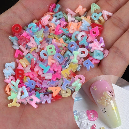 ROFIBUT Letter Nail Art Charms - Random Candy Color Letter Resin Nail Rhinestones, Kawaii Summer Flatback Alphabet Nail Gems with Glitter Design, DIY Craft Nail Supplies 250Pcs