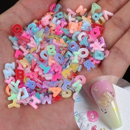 ROFIBUT Letter Nail Art Charms - Random Candy Color Letter Resin Nail Rhinestones, Kawaii Summer Flatback Alphabet Nail Gems with Glitter Design, DIY Craft Nail Supplies 250Pcs - görsel 2