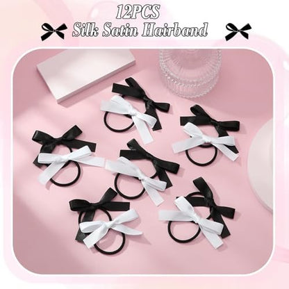 Auseibeely 12PCS Silky Satin Hair Bows Ties for Girls, Bowknot Ribbon Ponytail Holders, Cute Bow Hair Accessories for Bubble Braids, Black & White No Damage Hair Bands Avelisse