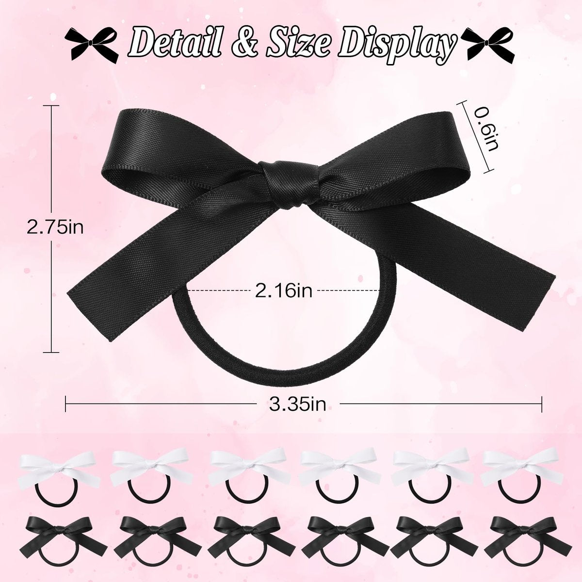 Auseibeely 12PCS Silky Satin Hair Bows Ties for Girls, Bowknot Ribbon Ponytail Holders, Cute Bow Hair Accessories for Bubble Braids, Black & White No Damage Hair Bands Avelisse