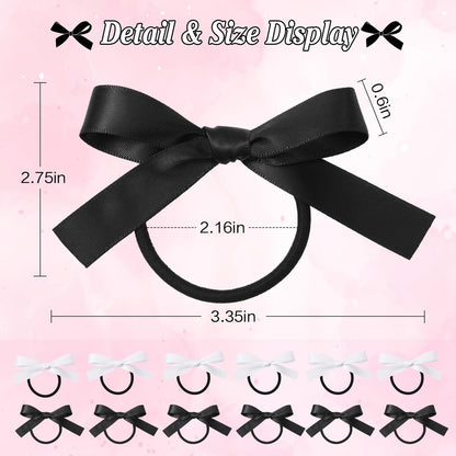 Auseibeely 12PCS Silky Satin Hair Bows Ties for Girls, Bowknot Ribbon Ponytail Holders, Cute Bow Hair Accessories for Bubble Braids, Black & White No Damage Hair Bands Avelisse