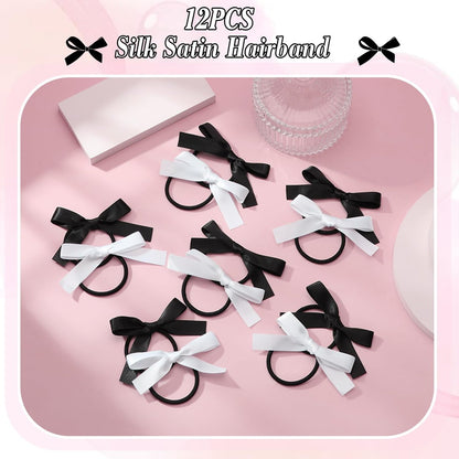 Auseibeely 12PCS Silky Satin Hair Bows Ties for Girls, Bowknot Ribbon Ponytail Holders, Cute Bow Hair Accessories for Bubble Braids, Black & White No Damage Hair Bands Avelisse