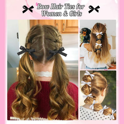 Auseibeely 12PCS Silky Satin Hair Bows Ties for Girls, Bowknot Ribbon Ponytail Holders, Cute Bow Hair Accessories for Bubble Braids, Black & White No Damage Hair Bands Avelisse