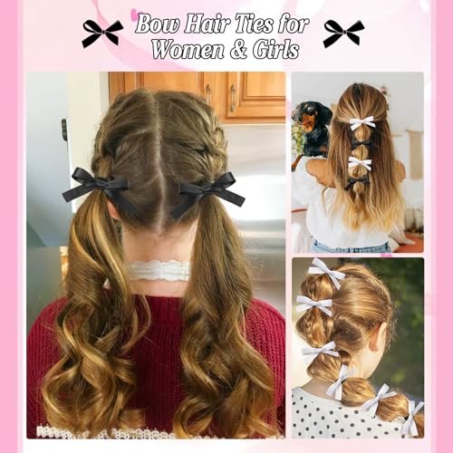 Auseibeely 12PCS Silky Satin Hair Bows Ties for Girls, Bowknot Ribbon Ponytail Holders, Cute Bow Hair Accessories for Bubble Braids, Black & White No Damage Hair Bands Avelisse