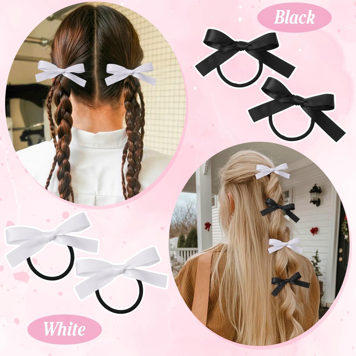 Auseibeely 12PCS Silky Satin Hair Bows Ties for Girls, Bowknot Ribbon Ponytail Holders, Cute Bow Hair Accessories for Bubble Braids, Black & White No Damage Hair Bands Avelisse