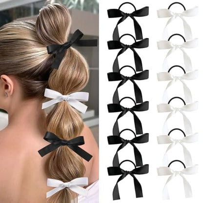 Auseibeely 12PCS Silky Satin Hair Bows Ties for Girls, Bowknot Ribbon Ponytail Holders, Cute Bow Hair Accessories for Bubble Braids, Black & White No Damage Hair Bands Avelisse