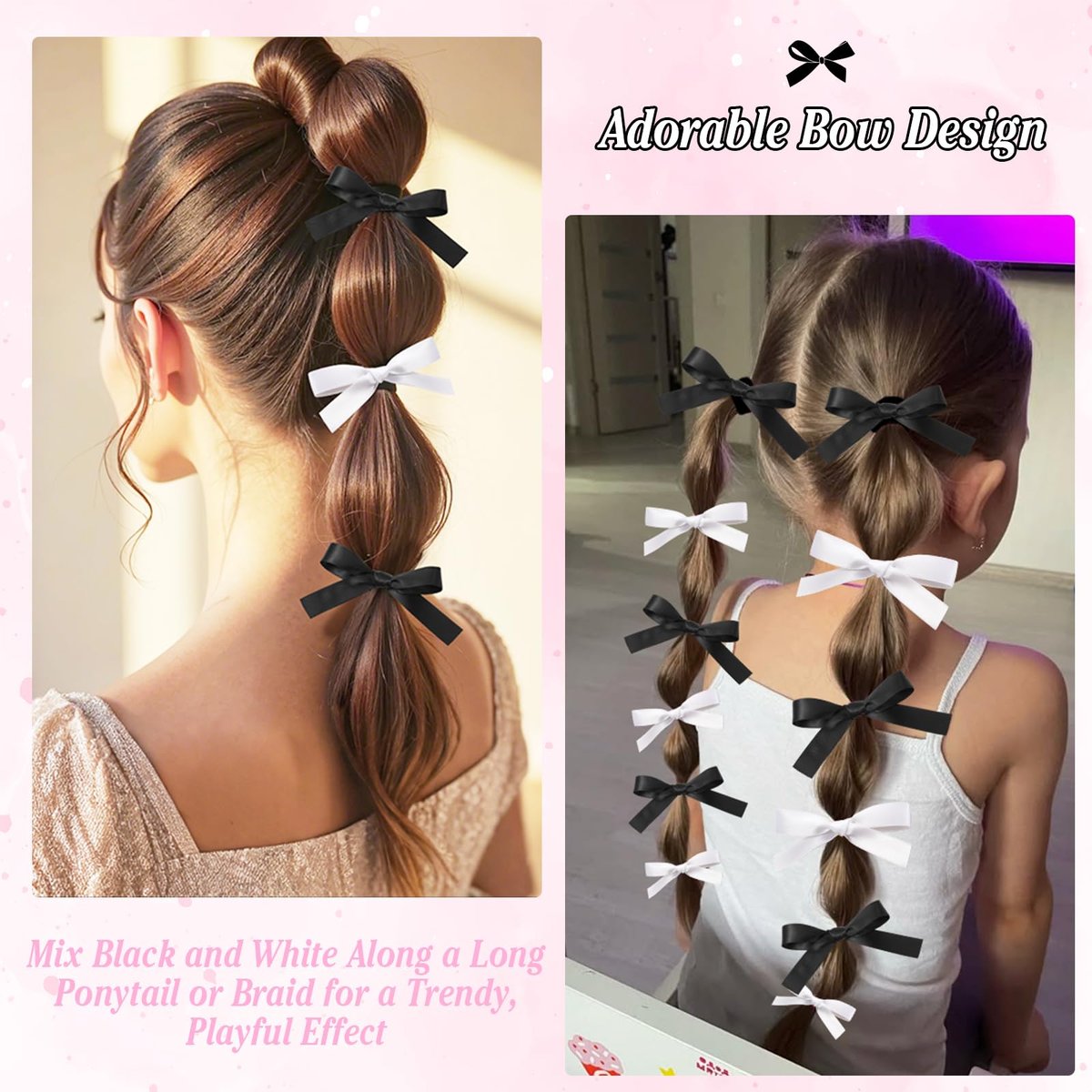 Auseibeely 12PCS Silky Satin Hair Bows Ties for Girls, Bowknot Ribbon Ponytail Holders, Cute Bow Hair Accessories for Bubble Braids, Black & White No Damage Hair Bands Avelisse