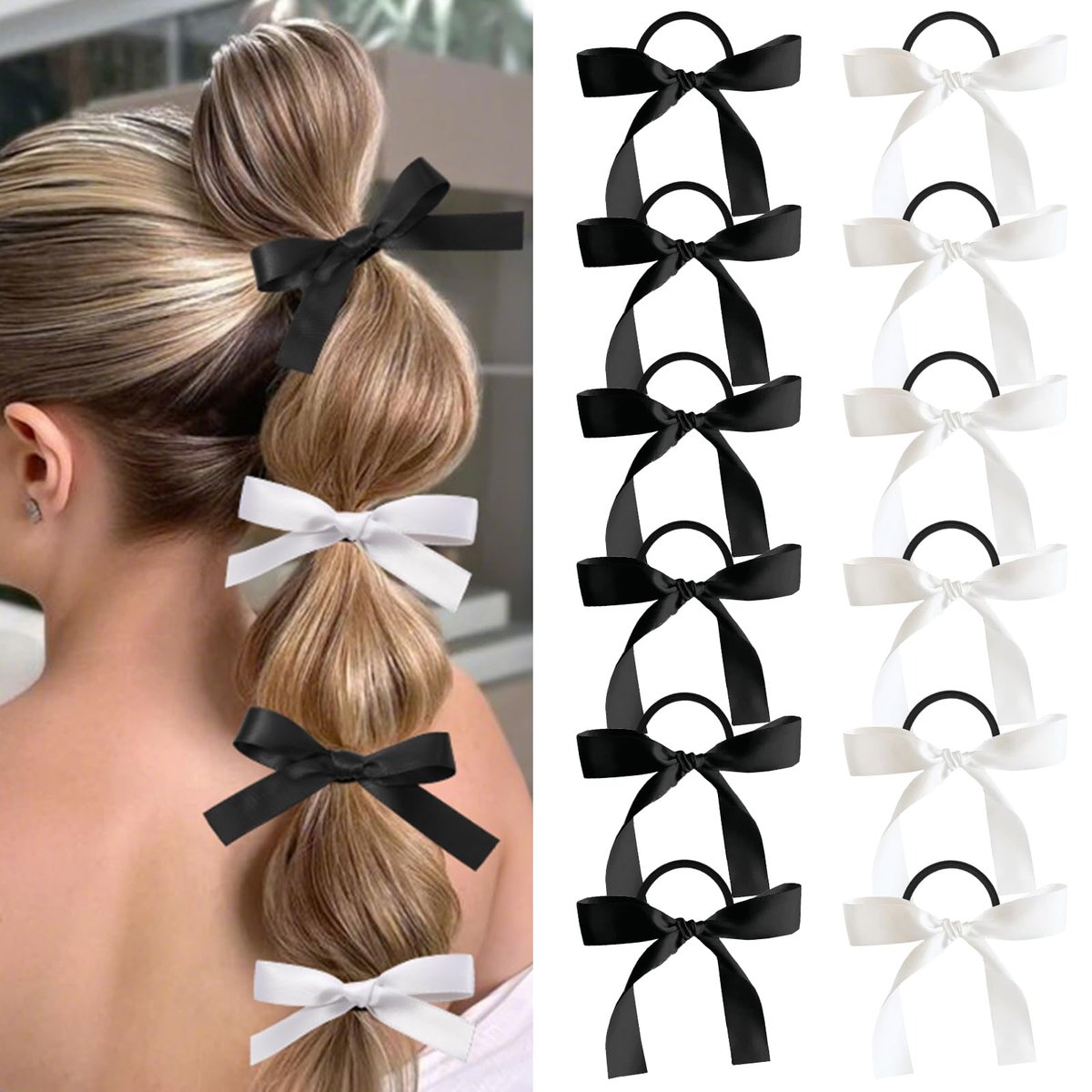 Auseibeely 12PCS Silky Satin Hair Bows Ties for Girls, Bowknot Ribbon Ponytail Holders, Cute Bow Hair Accessories for Bubble Braids, Black & White No Damage Hair Bands Avelisse